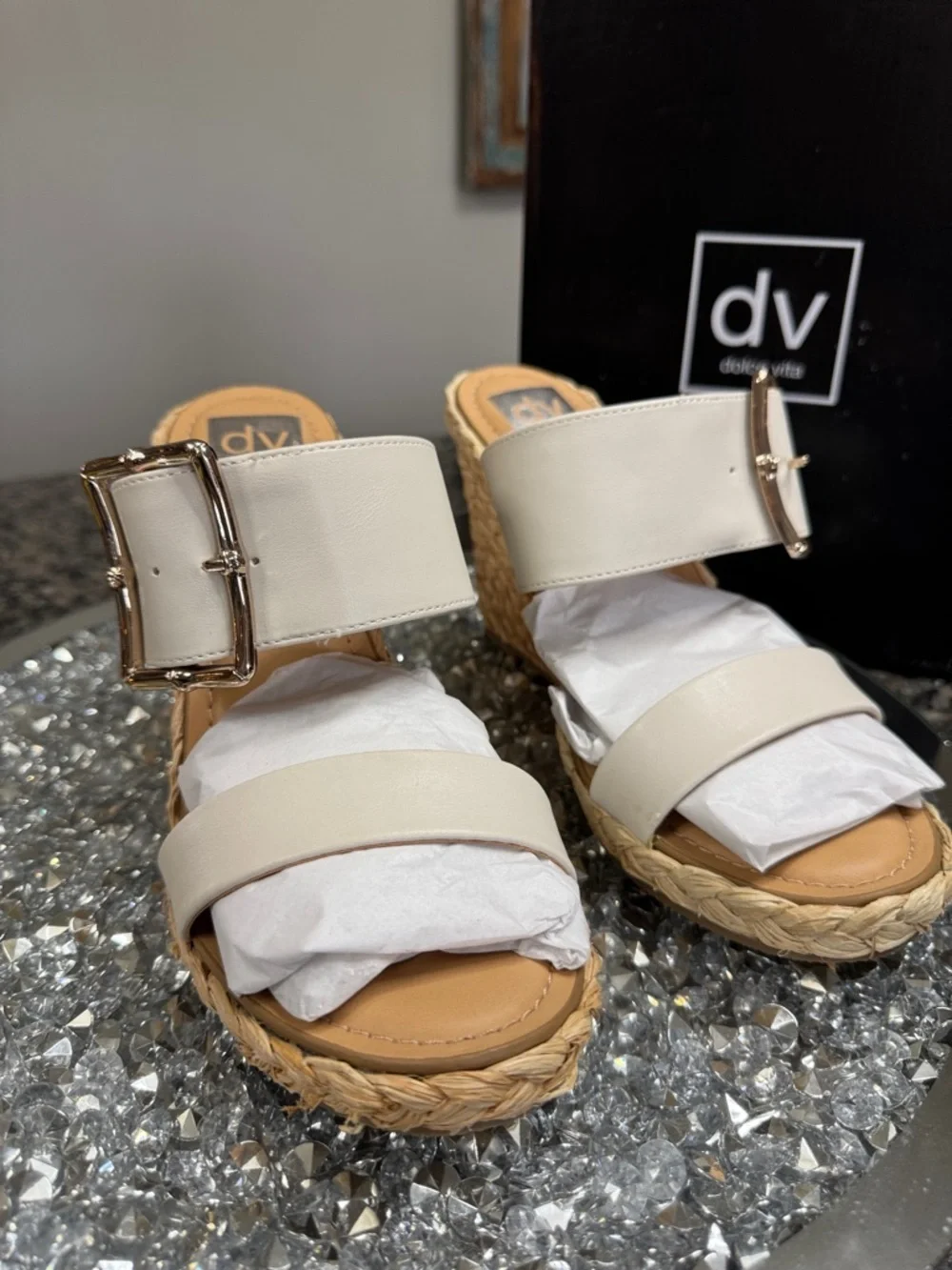 Dolce Vita Cream Woven Espadrille Wedge Sandals with Gold Buckle NEW 10
